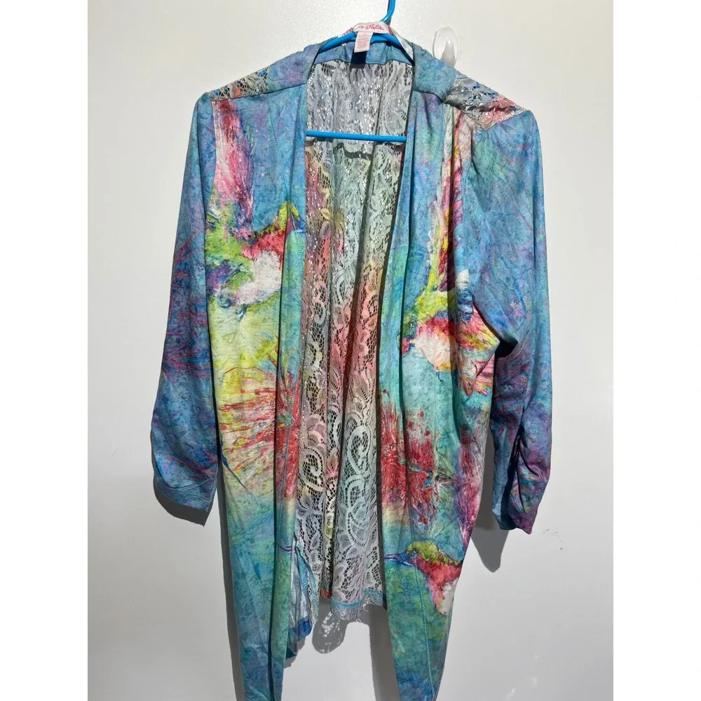Romance Lovegrl Hummingbird Floral Lace‎ Back Open Front Cardigan Multi Color L